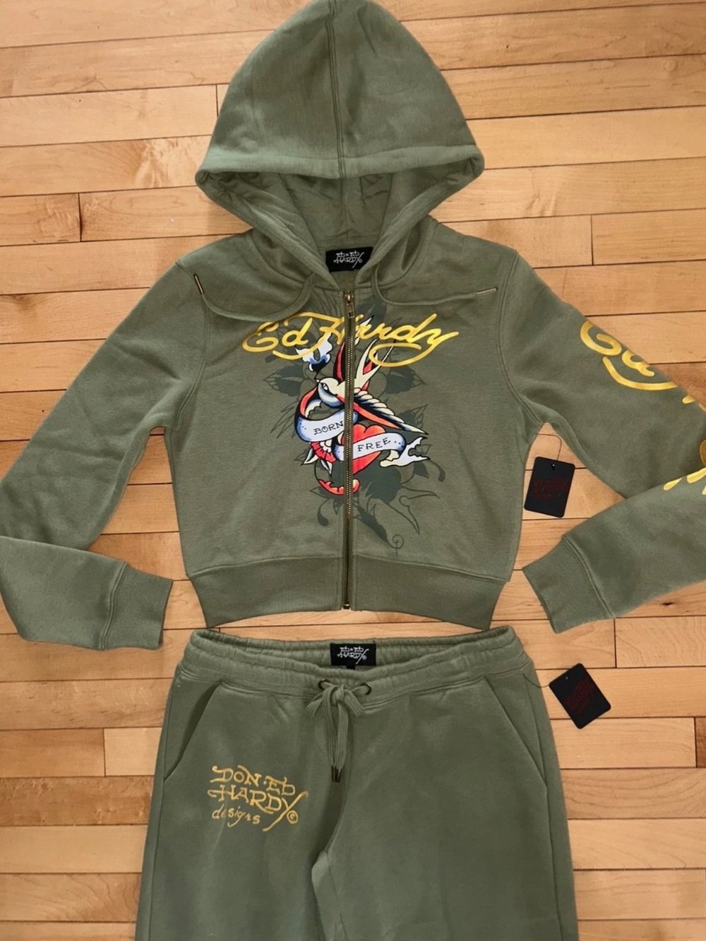 NEW! ED HARDY Y2K Born Free Hoodie & Pant Tracksuit Set Light Olive Size M